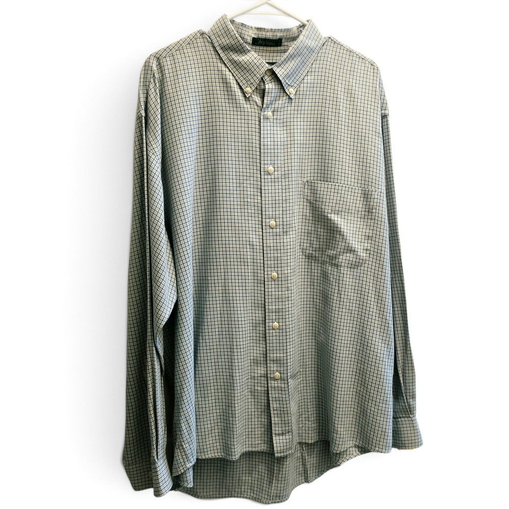 Vintage 90s Dockers Authentics Tattersall Plaid Cotton Shirt Men's XL Blue Tan